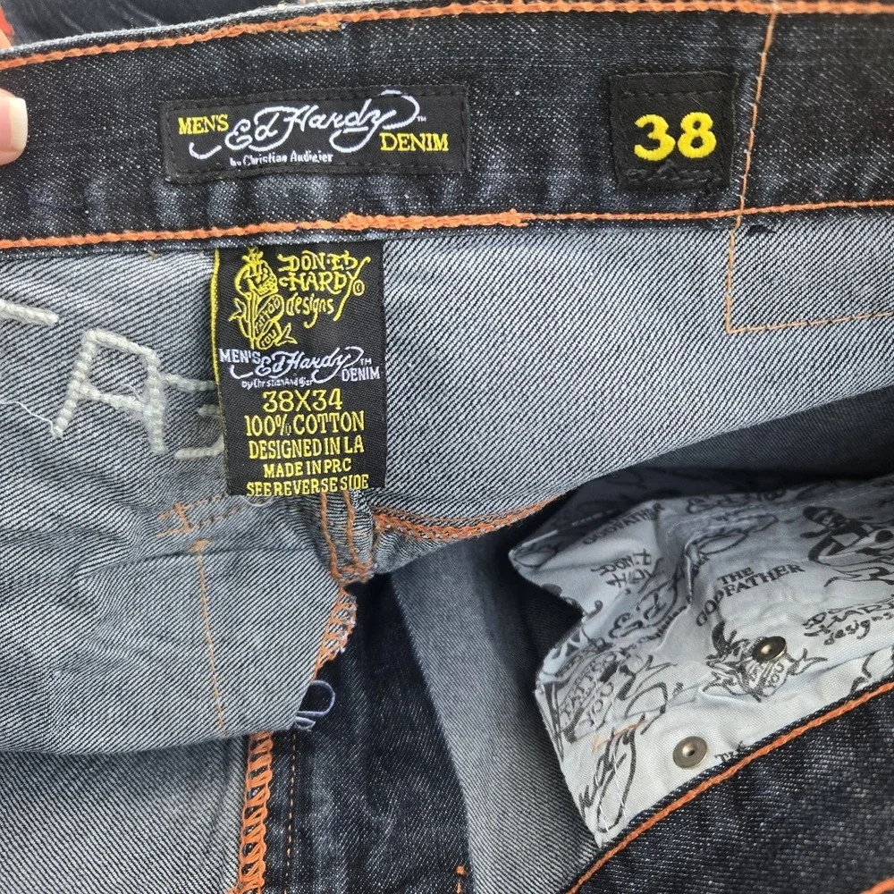 Vtg 2000s Ed Hardy Death or Glory Skull Embroidered Denim Jeans Y2K Men's‎ 38x34